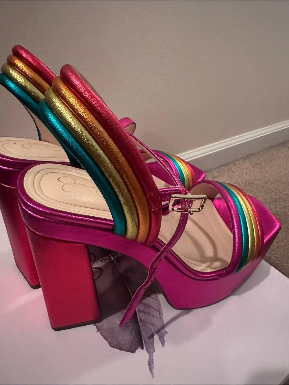 Jessica Simpson metallic Fuchsia Platform Sandals with Rainbow Straps